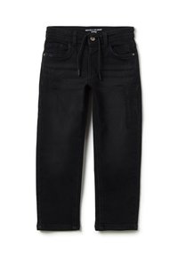Jeans negros de corte recto con cintura ajustable, bolsillos frontales, un desgaste sutil y una textura de denim suave.