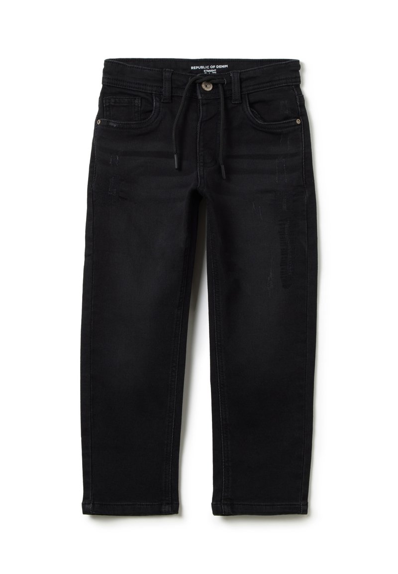 Jeans negros de corte recto con cintura ajustable, bolsillos frontales, un desgaste sutil y una textura de denim suave.