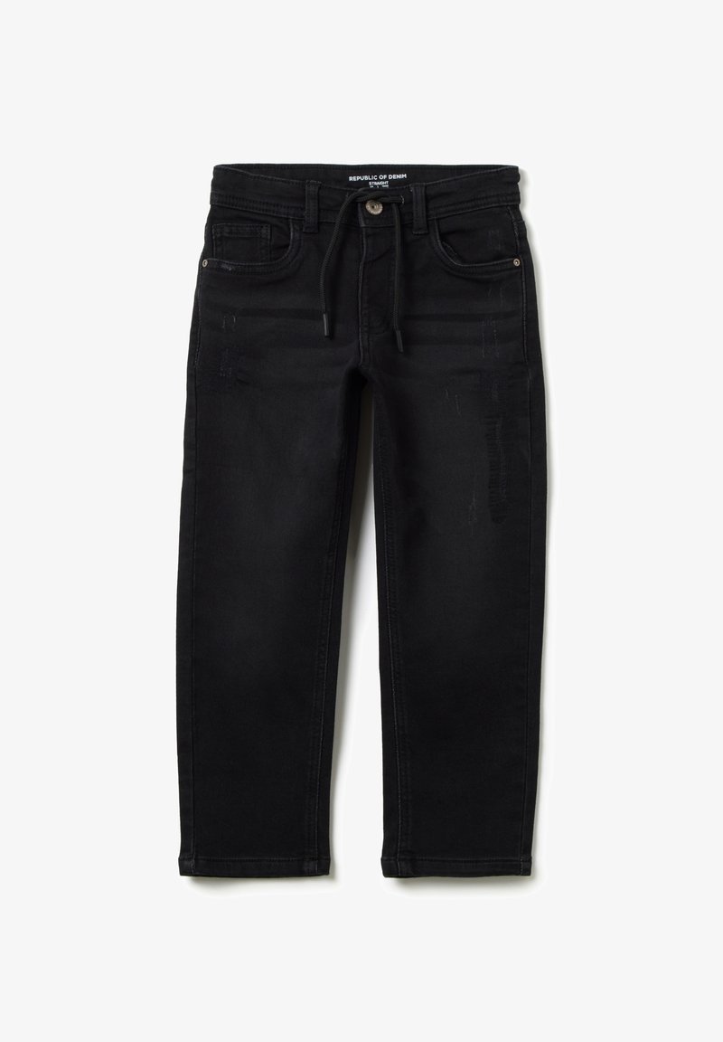 Jeans negros de corte recto con cintura ajustable, bolsillos frontales, un desgaste sutil y una textura de denim suave.