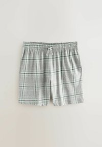 Graue karierten Shorts mit einem elastischen Bund und Kordelzug. Sie haben ein karierter Muster in grünen und schwarzen Linien und sind aus weichem Stoff gefertigt.