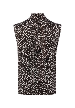 Ärmellose schwarze Bluse mit weißem, unregelmäßigem Punktmuster und einer gebundenen Schleife am Kragen.