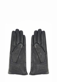 Czarne skórzane rękawiczki o gładkiej fakturze, z przeszyciami i ergonomicznym krojem zaprojektowanym z myślą o komforcie i ciepłe.