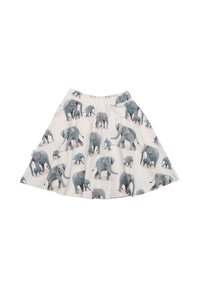 Helles Cremekleid mit einem sich wiederholenden Muster von grauen Elefanten in verschiedenen Größen, einem elastischen Taillenbund und einer ausgestellten Silhouette.