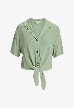 Light green, short-sleeve, button-up blouse with a tied front. Textured fabric and a classic collar. Decorative brown buttons.