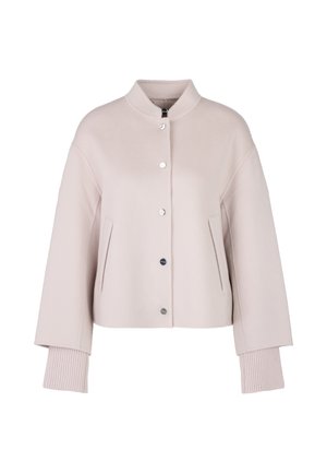 Light pink cropped jacket in soft fabric, featuring a stand collar, front buttons, and ribbed cuffs with side pockets.