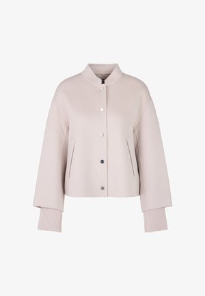 Light pink cropped jacket in soft fabric, featuring a stand collar, front buttons, and ribbed cuffs with side pockets.