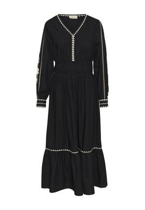 Čierne dlhé šaty s V-výstrihom, elastickým pásom a vyšívanými detailmi na manžetách a vo dnech. Obsahujú spodok s vrstvenými volánmi.