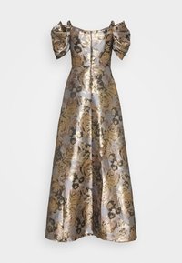 Blommig kvällsklänning i metalliskt guld och silver tyg. Har puffärmar och en figurnära bodice som flyter ut till en lång kjol.