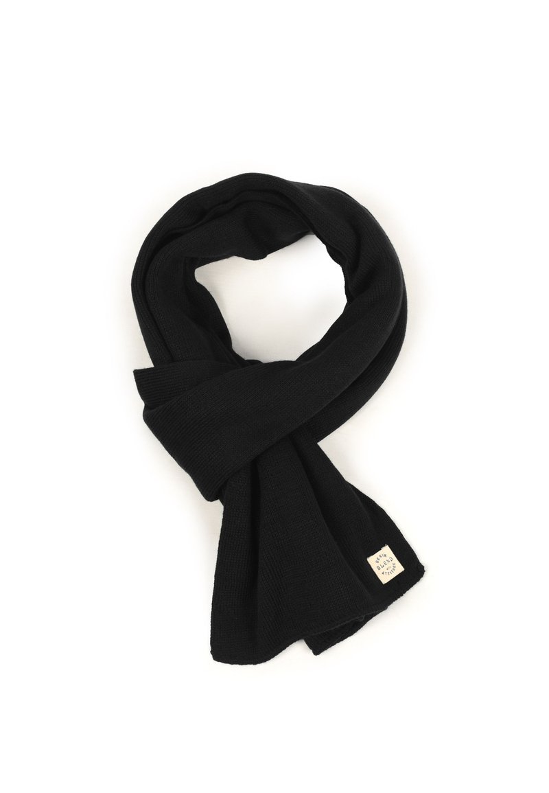 Zwarte gebreide sjaal met een zachte textuur, afgeronde randen en een klein merklabel aan één uiteinde. Geschikt voor verschillende stijloplossingen.