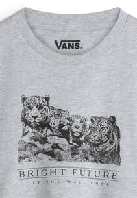 Gray cotton t-shirt featuring four black graphic tigers with a rocky backdrop and the text "BRIGHT FUTURE OFF THE WALL 1966" below.