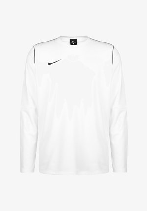 Long-sleeve white Nike shirt made of synthetic fabric; features a black logo on the front and thin black accents along the shoulders.