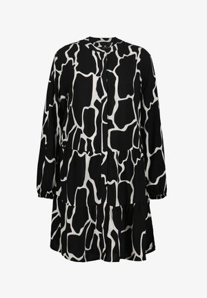 Zwart-witte gestreepte jurk met lange mouwen, ronde halslijn, gelaagd zoom en knopen aan de voorkant, gemaakt van een soepele, lichte stof.