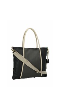 Leren totebag in zwart en donkergroen. Twee handvatten bovenop en een afneembare beige schouderband. Kenmerkt zich door een gestructureerde afwerking en gouden hardware.