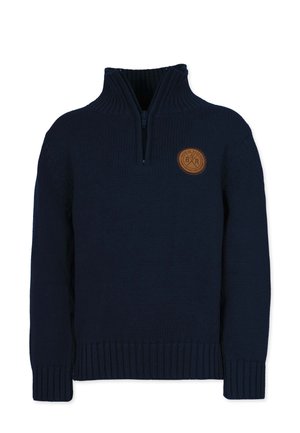 Marineblauer Strickpullover mit Halb-Reißverschluss-Kragen, gerippten Bündchen und Saum sowie einem runden, hellbraunen Patch-Logo auf der linken Brust.