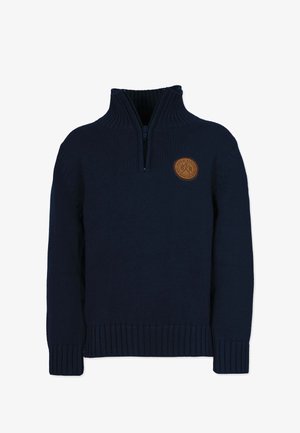Marineblauer Strickpullover mit Halb-Reißverschluss-Kragen, gerippten Bündchen und Saum sowie einem runden, hellbraunen Patch-Logo auf der linken Brust.