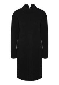 Juoda megzta suknelė su aukšta apykakle ir išpjova priekyje. Ilgos rankovės ir tiesi siluetas, su tekstūruota krašto detale.