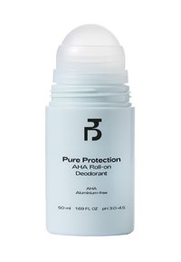 Bouteille de déodorant roll-on bleu clair étiquetée "Protection Pure AHA Déodorant Roll-on", sans aluminium, 50 ml, pH 3.0-4.5, sur fond blanc.