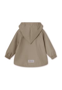 Beige hættetrøje med elastiske ærmer, glat tekstur, og et brandmærke på ryggen, der har et minimalistisk design og en afslappet pasform.