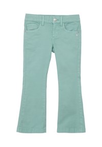 Jasnozielone dżinsy w kształcie dzwonów z mieszanki bawełny, z pięcioma kieszeniami, zapięciem na guzik z przodu i przeszyciami wzdłuż szwów.