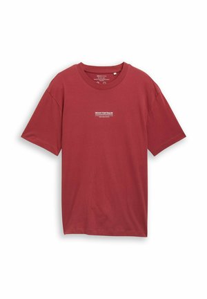 Red short-sleeve crew neck T-shirt with small white "Denim Tom Tailor" logo centered on the chest against a white background.