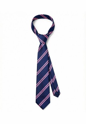 Marineblå slips med rosa diagonale striper, knytt i en klassisk knute mot hvit bakgrunn.