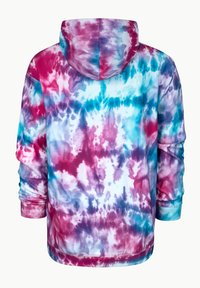 Felpa con cappuccio in stile tie-dye con colori rosa, viola e blu. Tessuto morbido con maniche lunghe e vestibilità comoda.