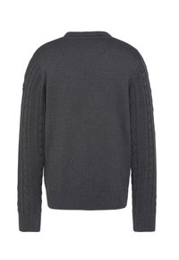 Ciemnoszary sweter dziany z prążkowanym, okrągłym dekoltem, wzorem warkoczowym wzdłuż rękawów oraz prążkowanymi mankietami i krawędzią.