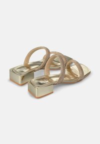 Sandali con tacco dorato dotati di due cinturini texturizzati, un tacco quadrato e una soletta metallica. Il design presenta una silhouette elegante e minimalista.