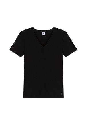 Schwarzes Kurzarm-T-Shirt mit V-Ausschnitt. Hergestellt aus weichem Stoff, verfügt es über ein Etikett am Hals und ein kleines Logo unten links.