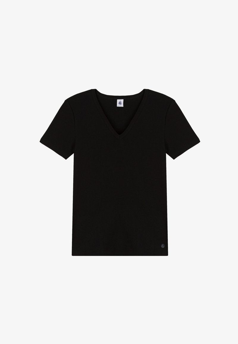 Schwarzes Kurzarm-T-Shirt mit V-Ausschnitt. Hergestellt aus weichem Stoff, verfügt es über ein Etikett am Hals und ein kleines Logo unten links.