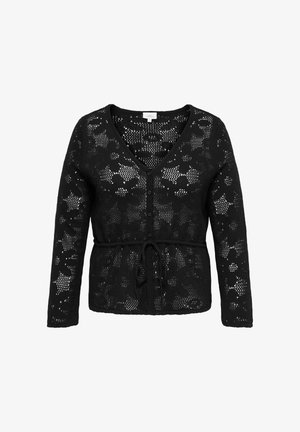 Cardigan negru cu mâneci lungi din croșetat, cu model floral, nasturi în față, decolteu în V și curea reglabilă cu fundă în talie.