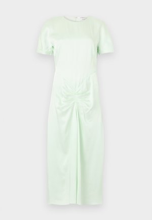 Mint green satin dress with a round neckline, short sleeves, gathered waist detail, and a straight, ankle-length skirt. Back zip closure.