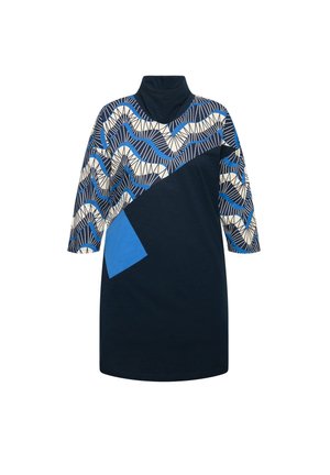 Marine jurk met hoge kraag, voorzien van een geometrisch patroon in crème en blauw, en een extra blauwe patch aan de voorkant.
