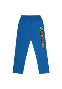 Blue cotton pants with an elastic waistband, featuring a multicolored "SUPER MARIO" graphic on the left leg. Smooth texture.