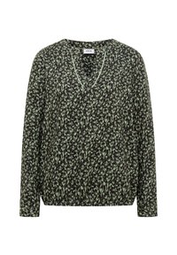 Long-sleeve blouse with green and black abstract pattern, V-neckline with light trim, and elastic hem.