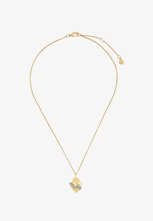 Zlata verižica z medenjakom v obliki srca, na katerem je krona trnja in majhni modri cvetovi vzdolž sredine.