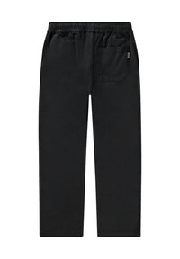 Černé kalhoty vyrobené z hladkého materiálu, s elastickým pasem, rovnými nohavicemi a zadní kapsou na pravé straně.