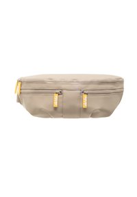 Beige, lynlåspose lavet af et glat, holdbart materiale. Har to gule lynlåshåndtag og en flad, oval form.