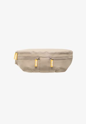 Beige, zippered pouch made of a smooth, durable material. Features two yellow zipper pulls and a flat, oval shape.