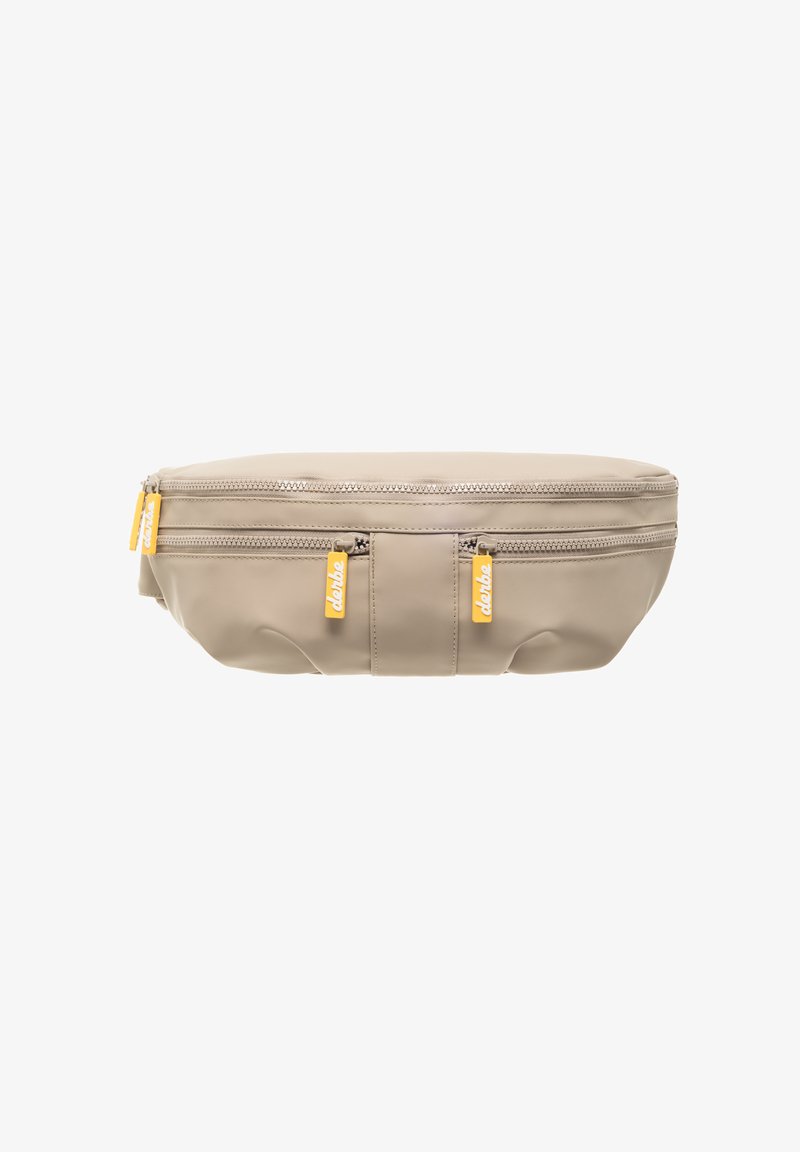 Grigio chiaro, pochette con zip realizzata in un materiale liscio e resistente. Presenta due tiranti gialli e una forma piatta e ovale.
