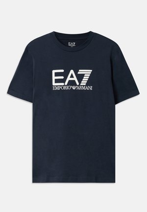 Blue cotton t-shirt with short sleeves and a round neckline. Features a prominent white EA7 Emporio Armani logo on the front.
