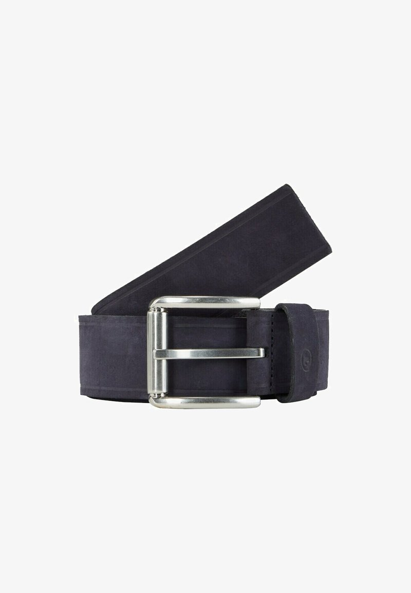 Cintura in tessuto blu navy con una vasta e liscia consistenza, dotata di una fibbia rettangolare in metallo argento con una finitura lucida.