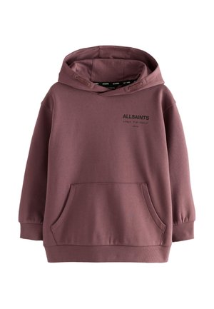 Fialová pulóvrová mikina s kapucňou, predným vreckom a logom "ALLSAINTS" a japonským textom na ľavej strane hrudníka, s rebrovanými manžetami a lemom.
