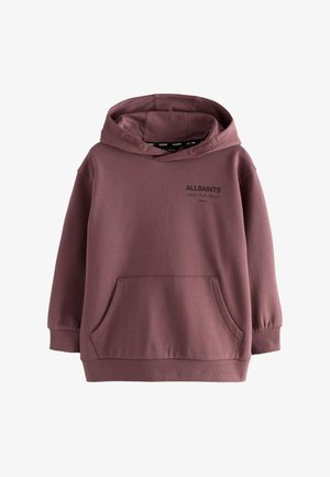 Fialová pulóvrová mikina s kapucňou, predným vreckom a logom "ALLSAINTS" a japonským textom na ľavej strane hrudníka, s rebrovanými manžetami a lemom.