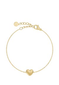 Bracciale in oro con una delicata catena, caratterizzato da un charm a forma di cuore liscio al centro. Include una chiusura e lunghezza regolabile.