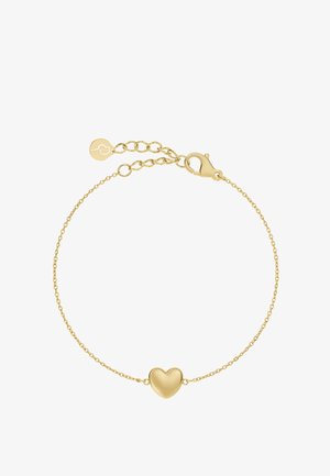 Zlatý náramok s jemným retiazkou, ktorý má v strede hladký srdiečkový prívesok. Obsahuje zapínanie a nastaviteľnú dĺžku.