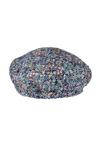 Vlnená tweedová čiapka v zaoblenom, plochom dizajne s melírovaným vzorom modrých, sivých, červených a zelených nití a textúrovaným povrchom.
