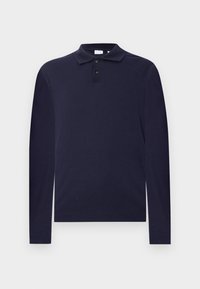 Navy blue long-sleeve polo shirt with a classic collar and a two-button placket, displayed against a white background.