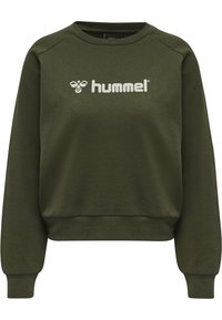 Felpa verde oliva con colletto a girocollo, maniche lunghe a raglan e logo "hummel" bianco sul davanti. Materiale morbido con una texture liscia.