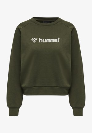 Olivově zelená mikina s kulatým výstřihem, dlouhými raglánovými rukávy a bílým logem "hummel" na přední straně. Měkký materiál s hladkou strukturou.